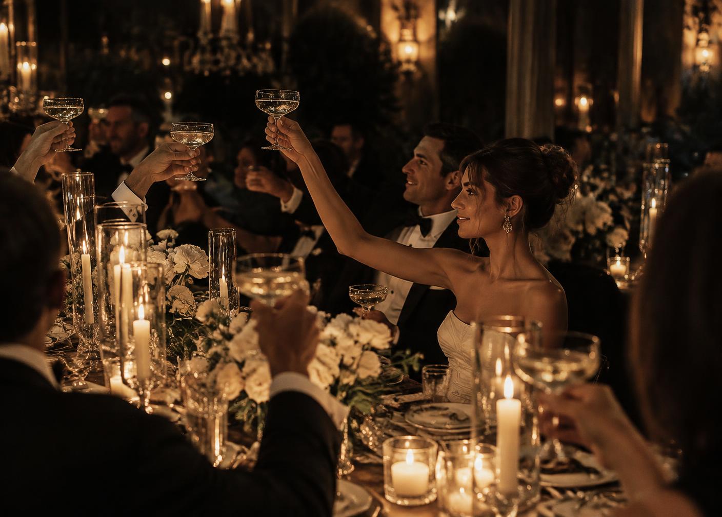 Wedding guests raising champagne coupes in a candlelit reception toast